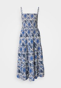 Maxi šaty z lehké látky s modrými květinovými vzory. Mají tenká ramínka, smocked tělo a volnou sukni, která se od pasu rozšiřuje.