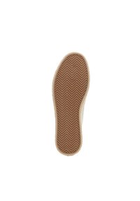 Sole in gomma marrone con motivo a spina di pesce; tessuto superiore color crema. La suola presenta un bordo chiaro.