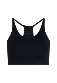 Brassière de sport noire sans couture avec col rond et dos nageur, avec de fines bretelles et une large bande sous-poitrine.