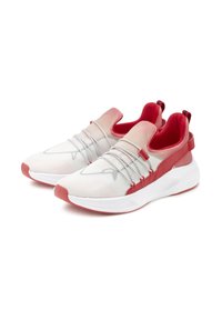 Red and white athletic shoes with a mesh upper, elastic bands, and a padded heel. Features a textured surface and a thick white sole.