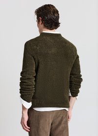 Dunkelolivgrüner Pullover aus strukturiertem Strickstoff, mit hohem Kragen und langen Ärmeln mit umgeschlagenen Bündchen, kombiniert mit einem weißen Hemd darunter.