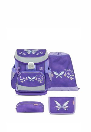 Lila Kinderrucksack-Set mit Schmetterlings- und Blumenmustern, inklusive Rucksack, Beutel mit Kordelzug, Federmäppchen und Geldbörse.