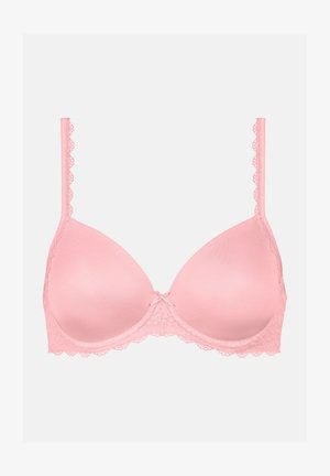 Rosa BH mit glatten, gepolsterten Körbchen und Spitzenbesatz. Verfügt über gewellte Kanten an den Trägern und dem Band. Keine sichtbaren Metallteile.
