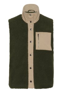 Vest din fleece de culoare verde închis cu un panou frontal bej, guler înalt, nasturi tip snap și un buzunar pe piept cu fermoar. Textură moale, design casual.