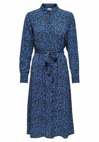 Abito blu con stampa leopardata, dotato di scollatura a colletto, maniche lunghe, cintura in vita e chiusura con bottoni, realizzato in tessuto liscio.
