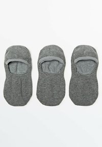 Grey no-show socks with a soft, textured fabric, featuring a solid design and grey elastic trim around the openings for a secure fit.