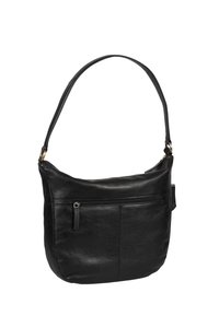 Schwarze Leder-Schultertasche mit einem einzelnen Riemen, ausgestattet mit einer vorderen Reißverschlusstasche und glatter Textur, abgerundetem Boden und minimalistischem Design.