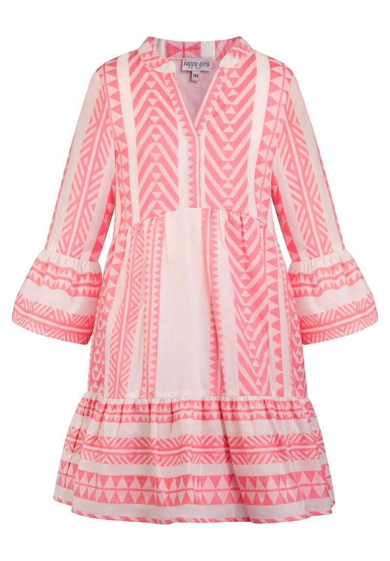 Krátké rukávy, růžové a bílé šaty s geometrickými vzory, s výstřihem do V a volánkovým lemem, vyrobené z lehké látky.