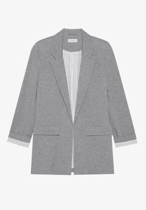 Grå blazer med en strukturert design, laget av myk stoff. Har en notched krage, to frontlommer, og stripete fôr synlig ved mansjettene.