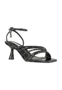 Sandalo con tacco alto nero con stringhe, punta quadrata, caratterizzato da cinturini testurizzati, fibbia alla caviglia regolabile e tacco svasato.