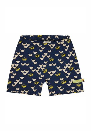 Kurze marineblaue Shorts mit einem Muster aus gelben und cremefarbenen Booten. Hergestellt aus weichem Stoff mit einem elastischen Bund und einem Etikett an der Seite.