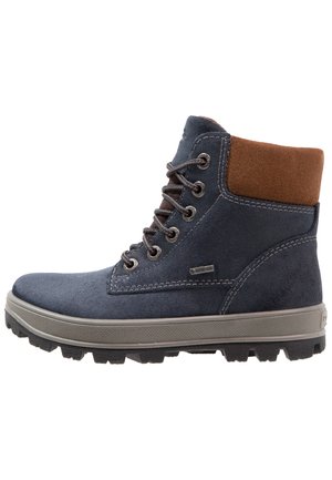 Blaue Wildleder-Stiefel mit braunem Kragen, metallic Ösen und grauer Gummisohle. Verfügt über eine strukturierte Oberfläche und robuste Schnürsenkel.