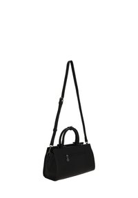 Fekete kézitáska texturált anyagból, dupla fogantyúval, állítható vállpánttal és az elején cipzáras zsebbel.