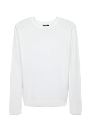 Maglione bianco a maniche lunghe realizzato in un tessuto liscio, caratterizzato da un collo rotondo e polsini a costine. Design semplice senza motivi o decorazioni.