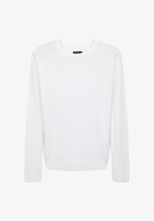 Maglione bianco a maniche lunghe realizzato in un tessuto liscio, caratterizzato da un collo rotondo e polsini a costine. Design semplice senza motivi o decorazioni.
