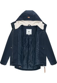 Navy blue hooded jacket with fleece lining, dual zipper and snap closure, and leather accents. Interior features textured fabric.