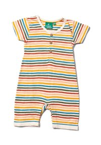 Gestreifter Baumwoll-Overall mit kurzen Ärmeln, in Farben wie Gelb, Rot, Grün und Blau, drei braune Knöpfe vorne und einem runden Halsausschnitt.