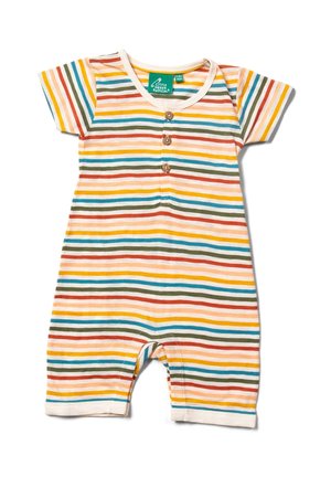 Striped cotton romper with short sleeves, featuring colors like yellow, red, green, and blue, three brown buttons down the front, and a round neck.