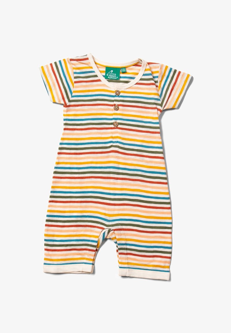 Gestreifter Baumwoll-Overall mit kurzen Ärmeln, in Farben wie Gelb, Rot, Grün und Blau, drei braune Knöpfe vorne und einem runden Halsausschnitt.