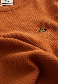 Pullover aus grob gestricktem Material in Rostfarbe mit einem kleinen gelben und schwarzen, auf der Brust gestickten Vogel-Logo.