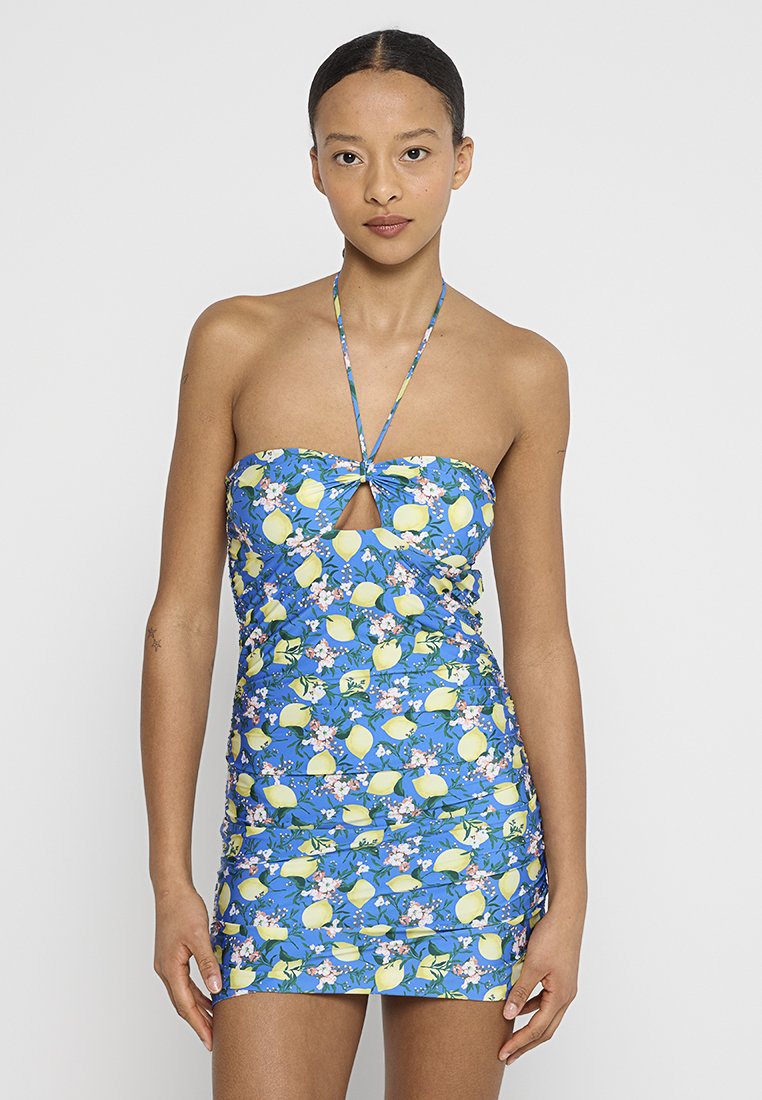 Trägerloses blaues Kleid mit Zitronen- und Blumenmuster, Schlüssel-Ausschnitt vorne, gerafftem Design und verstellbaren Halter-Trägern.