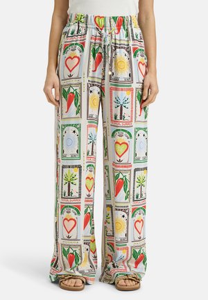 Wide-leg pants with elastic waist and drawstring, featuring colorful tropical-themed prints including sun, chili peppers, hearts, and palm trees.
