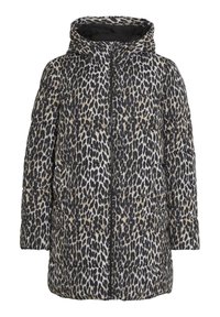 Abrigo acolchado con capucha que presenta un patrón de leopardo en negro, beige y blanco. Incluye una cremallera frontal y puños de canalé.