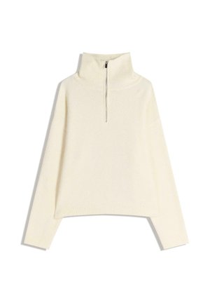 Cremefarbener, weicher Pullover mit hohem Kragen und halbem Reißverschluss auf der Vorderseite. Verfügt über lange Ärmel und gerippte Kanten am Kragen und Saum.