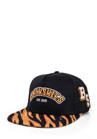 Cappello nero con struttura in tessuto nero e motivo a strisce tigre arancione e nere sulla visiera. Presenta ricami con la scritta "BLACKSKIES" e "BS."