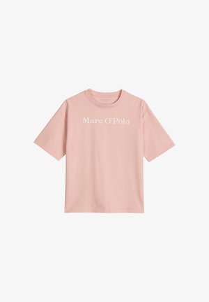 T-shirt rose clair à manches courtes avec col rond et texte blanc « Marc O'Polo » centré sur le devant.