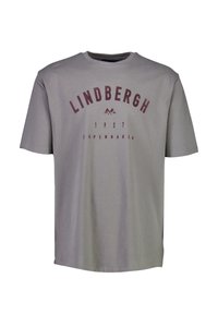 T-shirt en coton gris avec un col rond, des manches courtes et le texte "LINDBERGH 1927 COPENHAGUE" en marron avec des illustrations de montagnes.