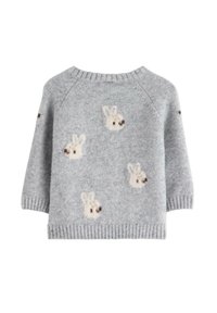 Maglione grigio chiaro realizzato in materiale morbido, con un motivo di coniglietto peloso in crema e marrone. Collo e polsini a costine. Vestibilità regolare.