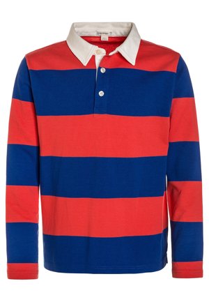 Camisa polo de manga larga con rayas horizontales en rojo y azul. Presenta un cuello blanco y una tapeta con tres botones. Está hecha de tela de punto suave.