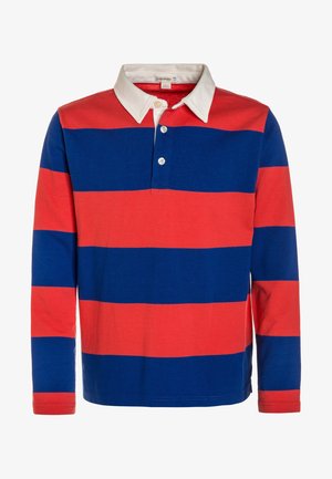 Langärmliges Poloshirt mit roten und blauen horizontalen Streifen. Verfügt über einen weißen Kragen und eine dreiknöpfige Knopfleiste. Hergestellt aus weichem, gestricktem Stoff.