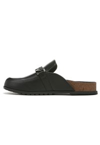 Black leather slip-on clogs with a cork insole, featuring a decorative metal buckle and textured rubber sole for grip.