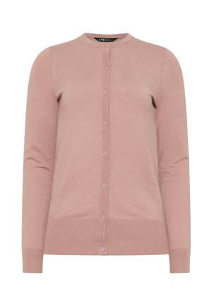 Kardigan w kolorze pudrowego różu z długimi rękawami, zapinany na guziki, z prążkowanymi ściągaczami na mankietach i na dole, okrągłym dekoltem i siedmioma dopasowanymi guzikami z przodu.