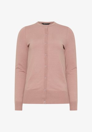 Kardigan w kolorze pudrowego różu z długimi rękawami, zapinany na guziki, z prążkowanymi ściągaczami na mankietach i na dole, okrągłym dekoltem i siedmioma dopasowanymi guzikami z przodu.