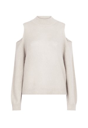 Lichtbeige sweater met een hoge nek, uitsparingen bij de schouders, lange mouwen en een zachte, gestructureerde afwerking. Eenvoudig ontwerp met een losse pasvorm.