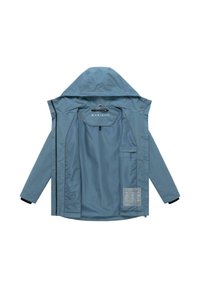 Lyseblå hættetrøje med åben front, synlig inderlomme og mærkelabel "MARIKOO" på den øverste indvendige ryg.