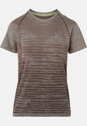 Brown and beige striped athletic T-shirt made of breathable fabric, featuring a round neckline and short sleeves. Pattern includes mesh accents.