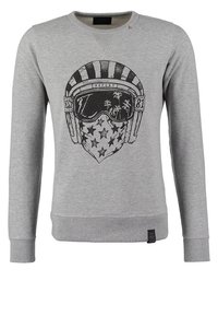 Sudadera gris con un diseño gráfico de un casco con gafas, palmeras y estrellas. Puños y bajo acanalados, ajuste casual.