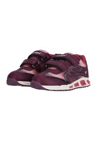 Purple and pink athletic shoes with two adjustable straps, a textured design, and a padded collar, featuring a white and pink sole.