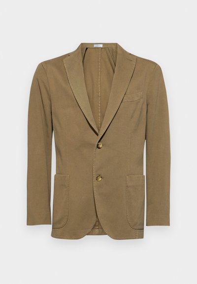 Brown tailored jacket, featuring notch lapels, two golden buttons, and four pockets. Made from a soft textured fabric.