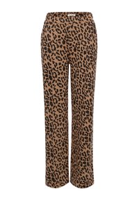 Bruine broek met luipaardprint en rechte snit, gemaakt van zachte stof, met een elastische tailleband en zonder zichtbare zakken.