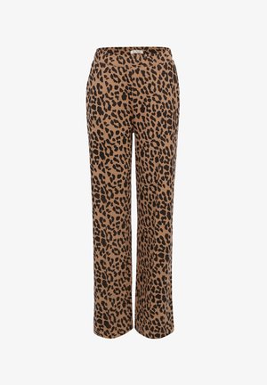Bruine broek met luipaardprint en rechte snit, gemaakt van zachte stof, met een elastische tailleband en zonder zichtbare zakken.