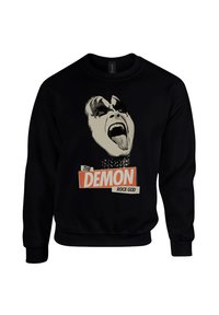 Felpa nera con una grafica di una figura con il viso truccato, bocca aperta in un urlo, e il testo "IL DIO DEL ROCK DEMONIO" sotto.