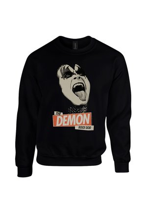 Sort sweatshirt med et grafisk motiv af en figur med ansigtmaling, der har munden åben i et skrig, og teksten "THE DEMON ROCK GOD" nedenfor.