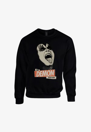 Svart hettegenser med et grafisk motiv av en figur med ansiktsmaling, munn åpen i et skrik, og teksten "DEMON ROCK GUD" under.