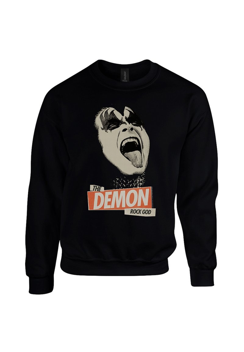 Felpa nera con una grafica di una figura con il viso truccato, bocca aperta in un urlo, e il testo "IL DIO DEL ROCK DEMONIO" sotto.
