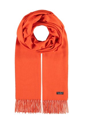 Écharpe en laine orange vif avec des extrémités à franges et une petite étiquette de marque noire sur un côté sur fond blanc.